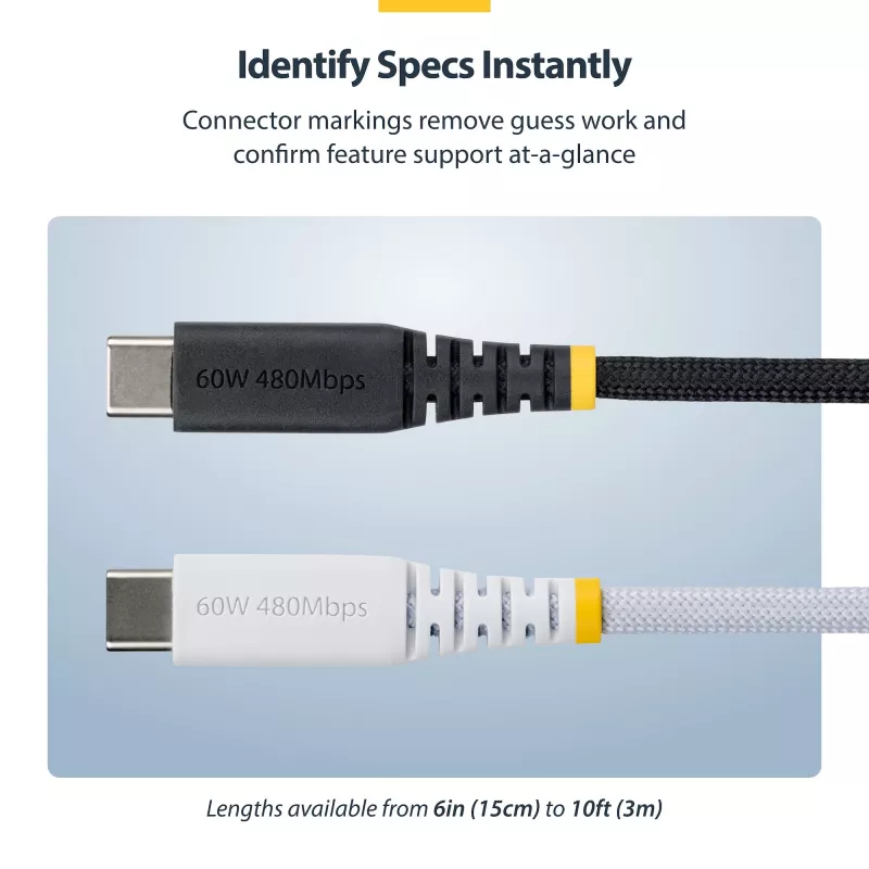 StarTech.com 3m (10ft) USB-C Charging kabel, 60W (3A) PD, Dual-Layer Braided Nylon/TPE Jacket, Rugged USB C Charging Cord, USB 2.0 Laptop Charger kabel