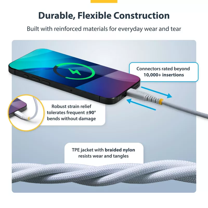 StarTech.com 3 m (10 stóp) biały kabel ładujący USB-C, 60 W (3 A) PD, dwuwarstwowa oplot nylon/TPE, wytrzymały przewód ładujący USB-C, kabel ładujący do laptopa USB 2.0