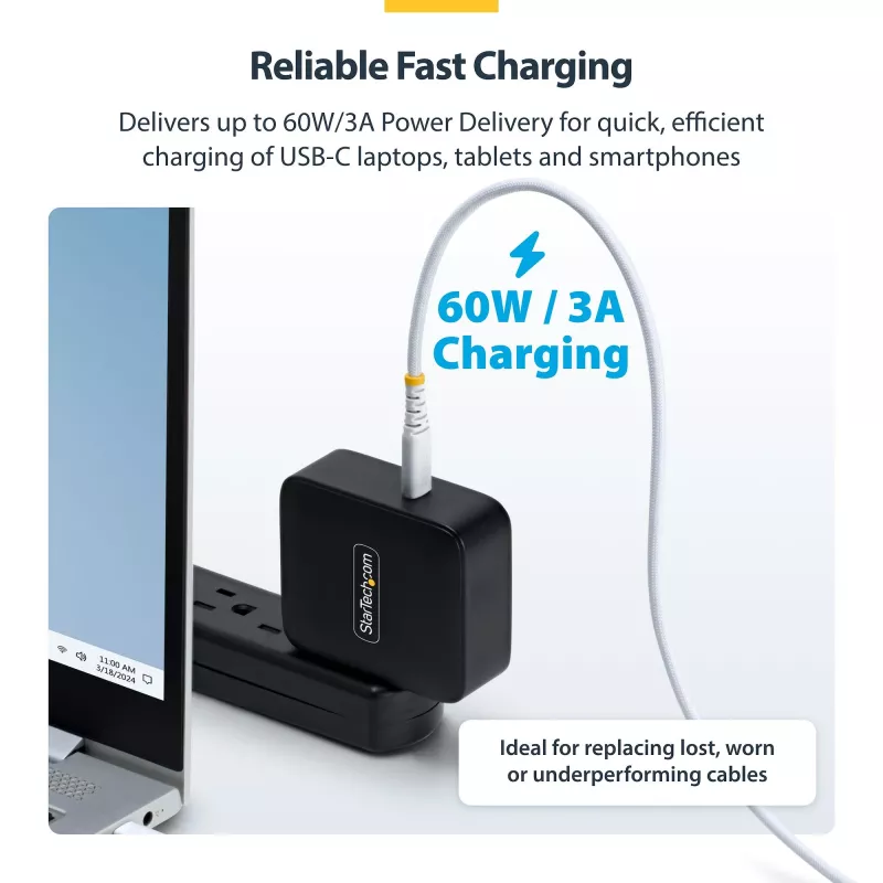 StarTech.com 15 cm (6 cali) biały kabel ładujący USB-C, PD 60 W (3 A), dwuwarstwowa pleciona osłona nylon/TPE, wytrzymały przewód ładujący USB C, kabel ładujący do laptopa USB 2.0