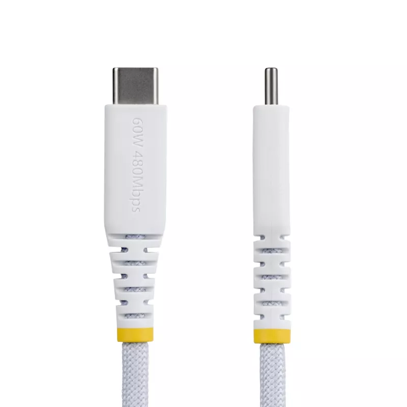 StarTech.com 0,3 m (1 ft) biały kabel ładujący USB-C, 60 W (3 A) PD, dwuwarstwowy oplot nylon/TPE, wytrzymały przewód ładujący USB-C, kabel do ładowania laptopa USB 2.0