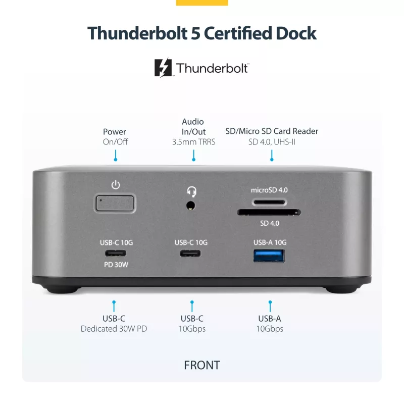 Stacja dokująca StarTech.com Thunderbolt 5, DP / HDMI, potrójny monitor do 4K 144 Hz lub podwójny 8K 60 Hz, 5 portów USB, ładowanie laptopa 140 W