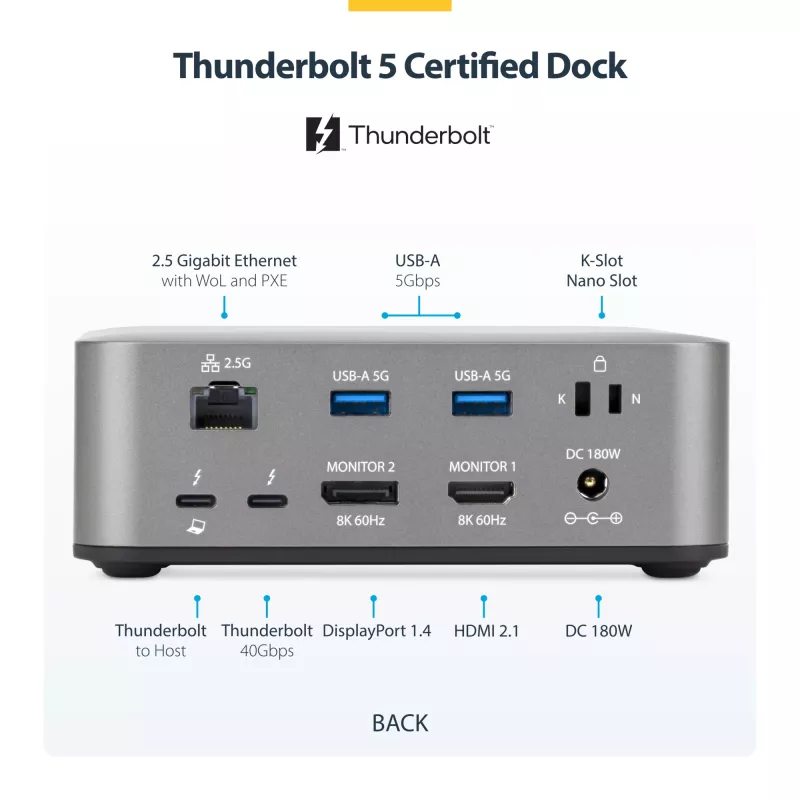 Stacja dokująca StarTech.com Thunderbolt 5, DP / HDMI, potrójny monitor do 4K 144 Hz lub podwójny 8K 60 Hz, 5 portów USB, ładowanie laptopa 140 W