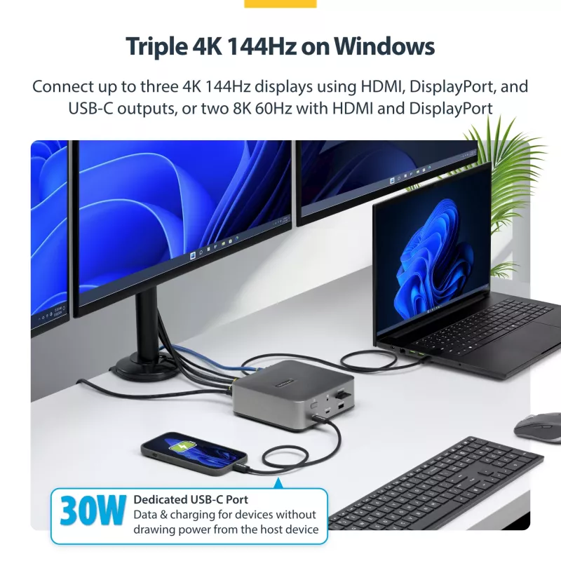 Stacja dokująca StarTech.com Thunderbolt 5, DP / HDMI, potrójny monitor do 4K 144 Hz lub podwójny 8K 60 Hz, 5 portów USB, ładowanie laptopa 140 W