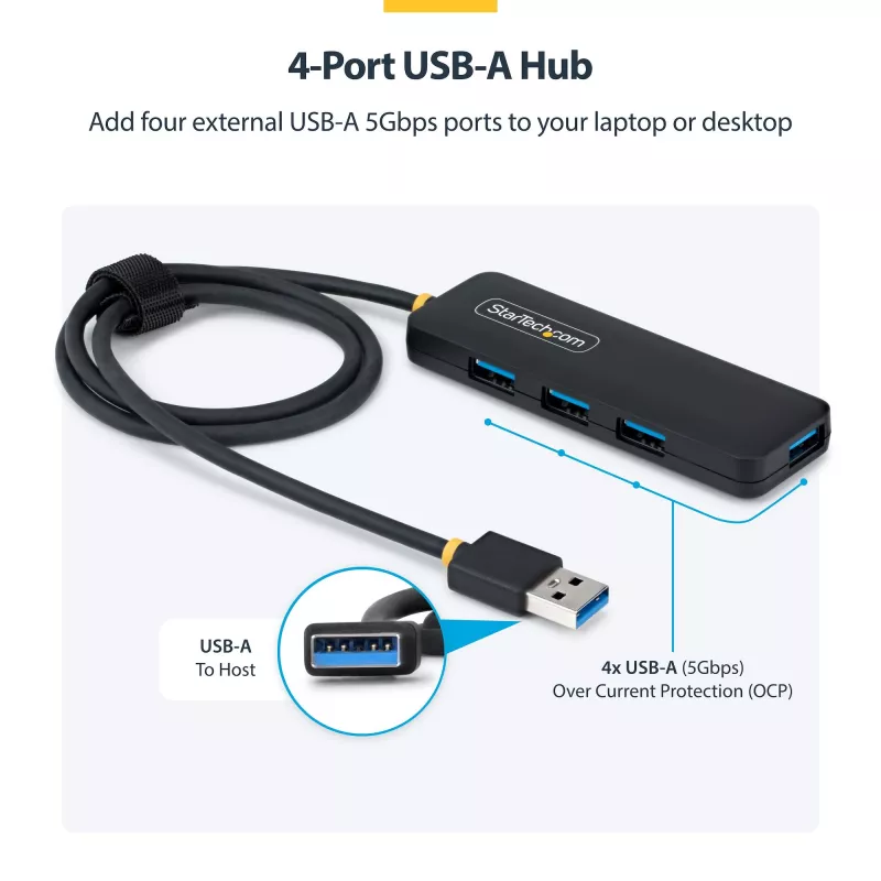StarTech.com 4-Portowy Hub USB-A, 5 Gb/s, Zasilany z magistrali, USB-A do 4x Mini hub USB-A, Dodatkowo długi kabel hosta 2 stopy/61 cm, Tworzywo PCR, Przenośny hub USB do komputera stacjonarnego / laptopa