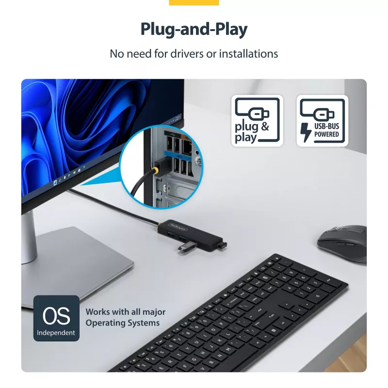 StarTech.com 4-Portowy Hub USB-A, 5 Gb/s, Zasilany z magistrali, USB-A do 4x Mini hub USB-A, Dodatkowo długi kabel hosta 2 stopy/61 cm, Tworzywo PCR, Przenośny hub USB do komputera stacjonarnego / laptopa