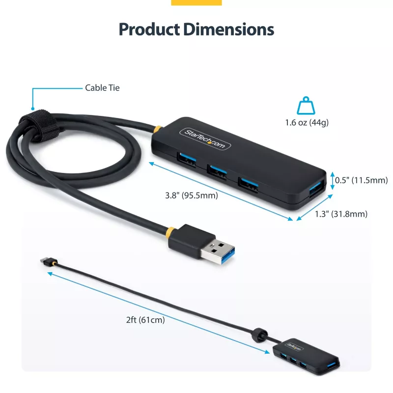 StarTech.com 4-Portowy Hub USB-A, 5 Gb/s, Zasilany z magistrali, USB-A do 4x Mini hub USB-A, Dodatkowo długi kabel hosta 2 stopy/61 cm, Tworzywo PCR, Przenośny hub USB do komputera stacjonarnego / laptopa