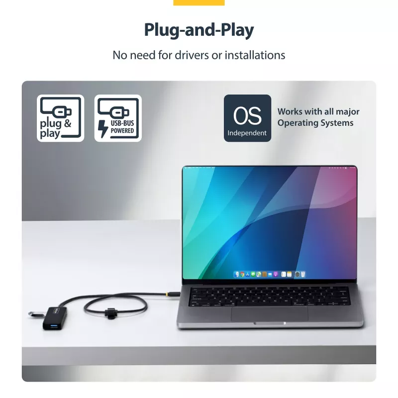 StarTech.com 4-portowy hub USB-C, 5 Gb/s, zasilany z magistrali, USB-C do 4x USB-A Mini Hub, dodatkowo długi kabel hosta 61 cm, plastik PCR, przenośny hub USB do komputera stacjonarnego / laptopa