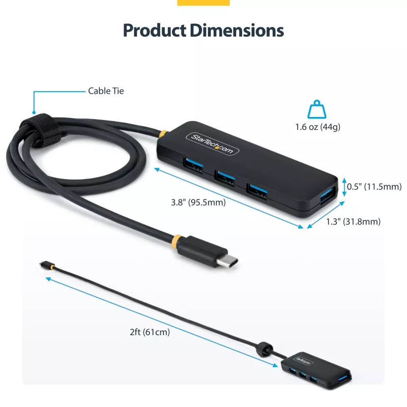 StarTech.com 4-portowy hub USB-C, 5 Gb/s, zasilany z magistrali, USB-C do 4x USB-A Mini Hub, dodatkowo długi kabel hosta 61 cm, plastik PCR, przenośny hub USB do komputera stacjonarnego / laptopa