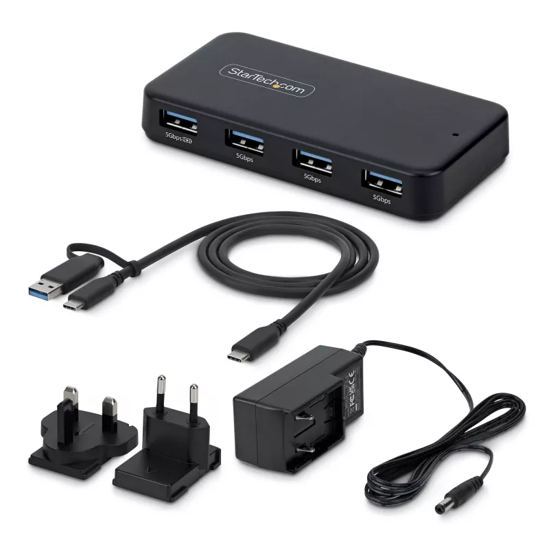 StarTech.com 4-portowy hub USB-A, 5Gbps, samozasilany, kabel hosta 2-w-1 USB-C i USB-A, 1x port ładowania BC 1.2, zasilacz 24W w zestawie, MacBook i Windows