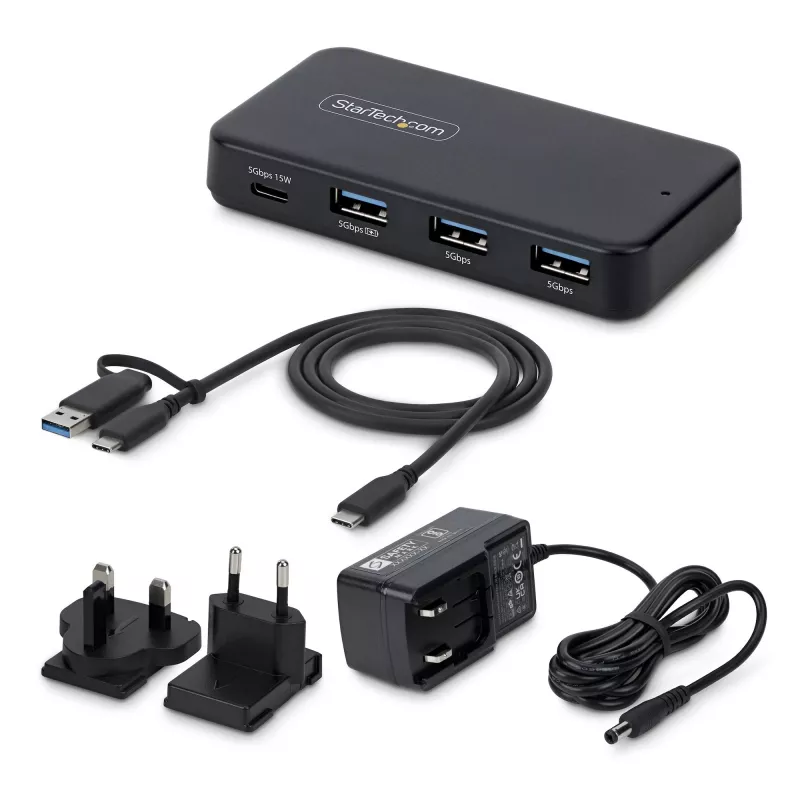 StarTech.com 4-portowy hub USB-C i USB-A, 5 Gb/s, z własnym zasilaniem, kabel hosta 2-w-1 USB-C i USB-A, 1x USB-C i 3x USB-A (1x BC 1.2), zasilacz 36 W w zestawie