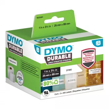 Oryginalne trwałe etykiety DYMO LabelWriter | 25 mm x 89 mm | biały polipropylen | 2 rolki po 350 (700 etykiet samoprzylepnych) | wysoka wydajność | do drukarek etykiet LabelWriter
