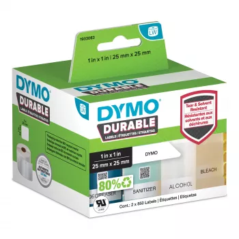 Oryginalne etykiety DYMO LabelWriter Durable | 25 mm x 25 mm | Biały polipropylen | 2 rolki po 850 (1700 etykiet samoprzylepnych) | Wysoka wydajność | Do drukarek etykiet LabelWriter