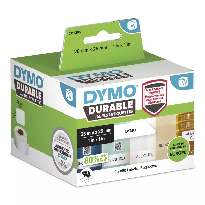 Oryginalne etykiety DYMO LabelWriter Durable | 25 mm x 25 mm | Biały polipropylen | 2 rolki po 850 (1700 etykiet samoprzylepnych) | Wysoka wydajność | Do drukarek etykiet LabelWriter