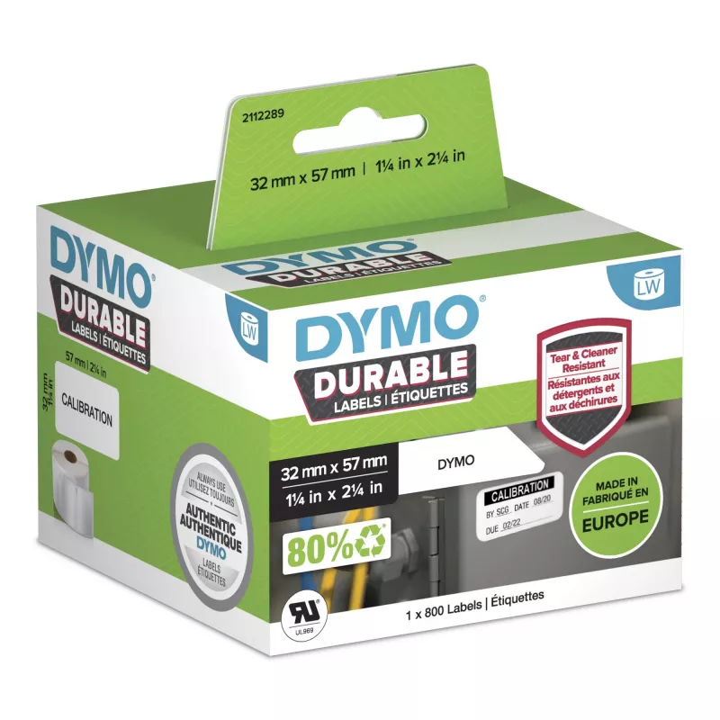 DYMO Oryginalny LabelWriter Etykiety trwałe | 57 mm x 32 mm | biały polipropylen | 800 etykiet samoprzylepnych | wysoka wydajność | do drukarek etykiet LabelWriter