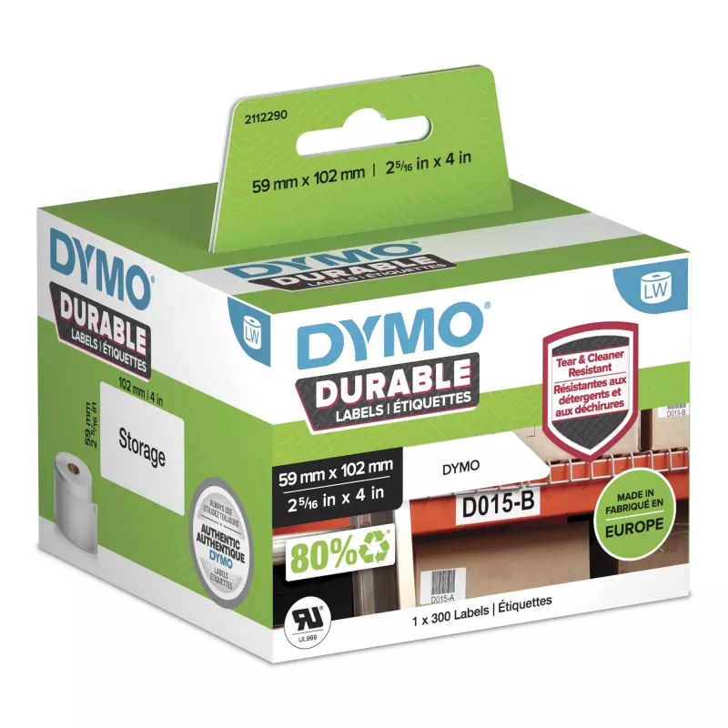 Oryginalne wytrzymałe etykiety DYMO LabelWriter | 59 mm x 102 mm | Biały polipropylen | 300 etykiet samoprzylepnych | Wysoka wydajność | Do drukarek etykiet LabelWriter