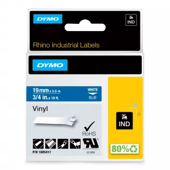 Etykiety winylowe DYMO Rhino Industrial | 19 mm x 5,5 m | Biały nadruk na niebieskim | Samoprzylepne | do urządzeń LabelManager i Rhino Label Makers