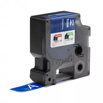 Etykiety winylowe DYMO Rhino Industrial | 19 mm x 5,5 m | Biały nadruk na niebieskim | Samoprzylepne | do urządzeń LabelManager i Rhino Label Makers