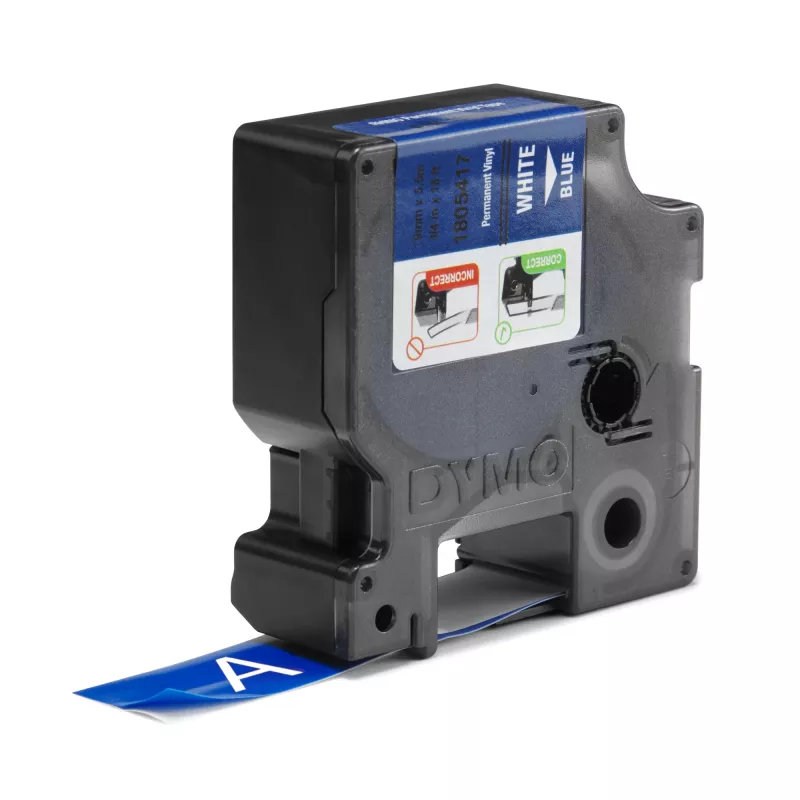 Etykiety winylowe DYMO Rhino Industrial | 19 mm x 5,5 m | Biały nadruk na niebieskim | Samoprzylepne | do urządzeń LabelManager i Rhino Label Makers