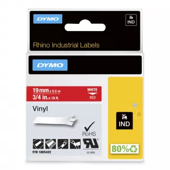 Etykiety winylowe DYMO Rhino Industrial | 19 mm x 5,5 m | Biały nadruk na czerwonym | Samoprzylepne | do drukarek etykiet Rhino i LabelManager