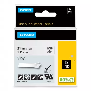 DYMO Rhino Przemysłowe etykiety winylowe | 24 mm x 5,5 m | Czarny nadruk na białym | Samoprzylepne | do LabelManager i Rhino