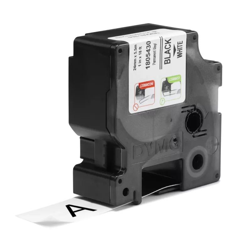 DYMO Rhino Przemysłowe etykiety winylowe | 24 mm x 5,5 m | Czarny nadruk na białym | Samoprzylepne | do LabelManager i Rhino