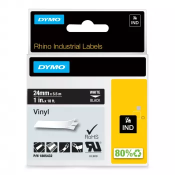 DYMO Rhino Przemysłowe Etykiety Winylowe | 24 mm x 5,5 m | Biały Druk na Czarnym | Samoprzylepne | do LabelManager i Rhino
