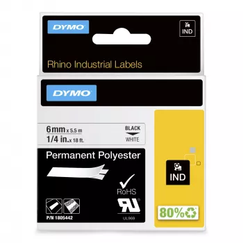 Etykiety przemysłowe trwałe poliestrowe DYMO Rhino | 6 mm x 5,5 m | Czarny nadruk na białym | Samoprzylepne | Do drukarek etykiet Rhino i LabelManager