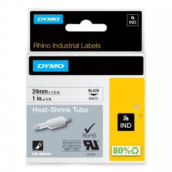 DYMO Rhino Przemysłowe Etykiety Termokurczliwe do Kabli | 24 mm x 1,5 m | Czarny nadruk na białym | Samoprzylepne | do Drukarek Etykiet Rhino