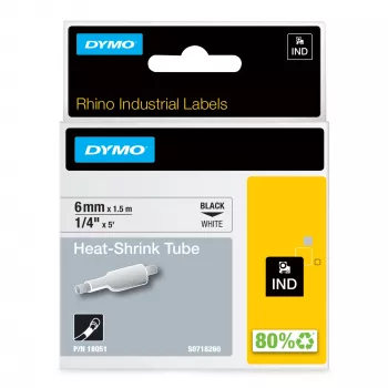 DYMO Rhino Industrial Heat-Shrink kabel Label Tubes | 6mm x 1.5m | Czarny nadruk na białym | do Drukarek Etykiet Rhino