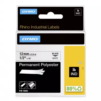 Etykiety DYMO Rhino Industrial Permanent Polyester | 12 mm x 5,5 m | Czarny nadruk na białym | Samoprzylepne | do drukarek etykiet Rhino i LabelManager
