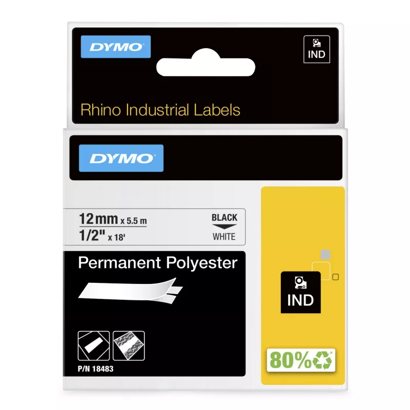 Etykiety DYMO Rhino Industrial Permanent Polyester | 12 mm x 5,5 m | Czarny nadruk na białym | Samoprzylepne | do drukarek etykiet Rhino i LabelManager