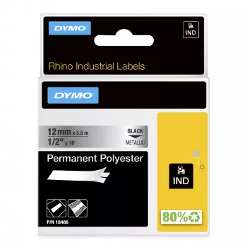 DYMO Rhino Industrial trwałe etykiety poliestrowe | 12 mm x 5,5 m | czarny nadruk na metalicznym tle | do drukarek etykiet Rhino i LabelManager