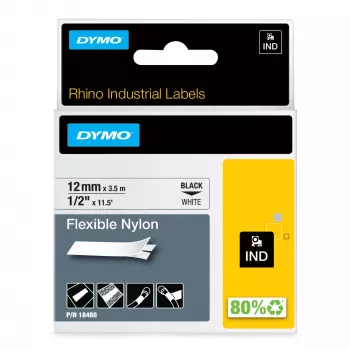 Etykiety nylonowe elastyczne przemysłowe DYMO Rhino | 12 mm x 3,5 m | Czarny nadruk na białym | Samoprzylepne | do urządzeń etykietujących Rhino i LabelManager