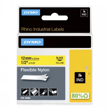 Etykiety DYMO Rhino Industrial Flexible Nylon | 12 mm x 3,5 m | Czarny nadruk na żółtym tle | Samoprzylepne | Do drukarek etykiet Rhino i LabelManager