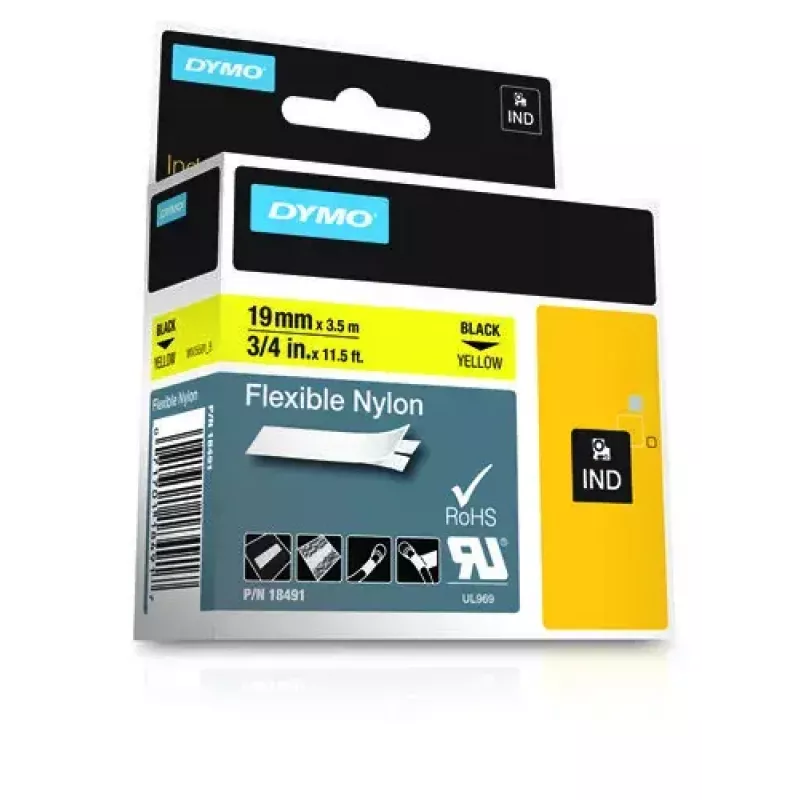 Taśmy z elastycznego nylonu DYMO Rhino Industrial | 19 mm x 3,5 m | Czarny nadruk na żółtym | Samoprzylepna | Do drukarek etykiet Rhino i LabelManager