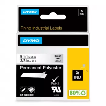 Etykiety poliestrowe trwałe przemysłowe DYMO Rhino | 9 mm x 5,5 m | Czarny nadruk na przezroczystym | Samoprzylepne | do urządzeń etykietujących LabelManager i Rhino
