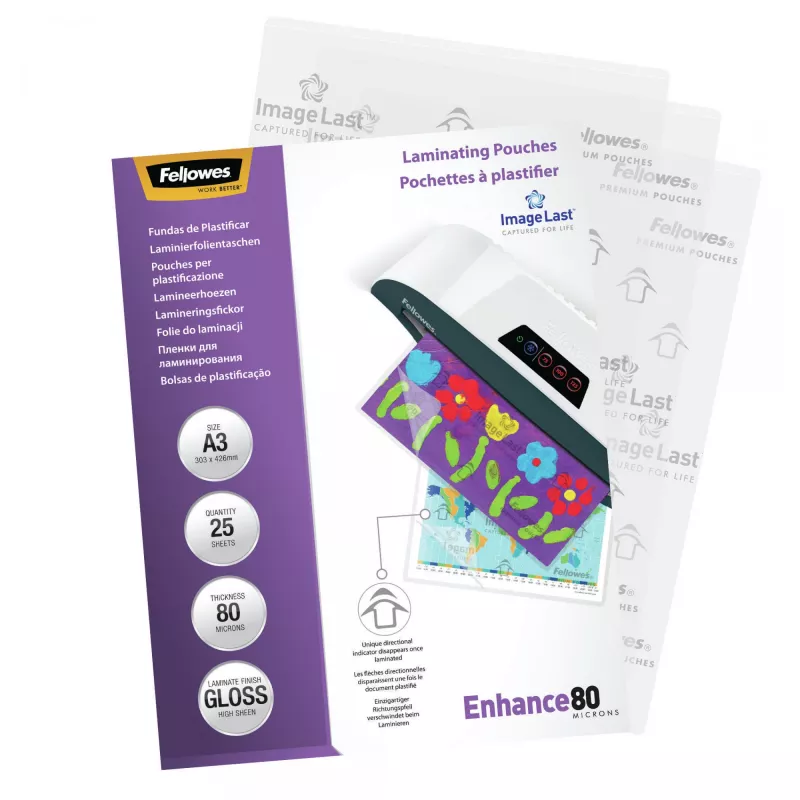 Fellowes ImageLast A3 80 Micron Laminating Pouch - 25 zestaw, Glossy, Transparent, A3, 0.08 mm, 430 mm, 1 mm