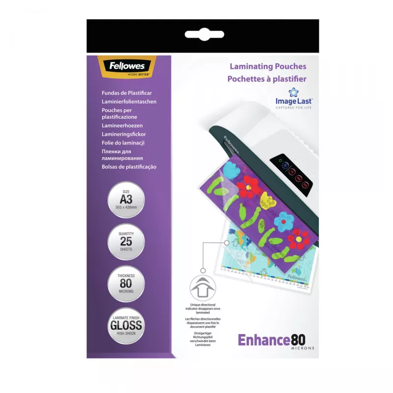 Fellowes ImageLast A3 80 Micron Laminating Pouch - 25 zestaw, Glossy, Transparent, A3, 0.08 mm, 430 mm, 1 mm