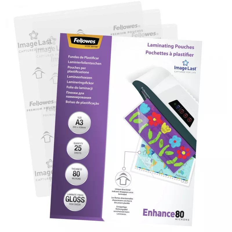 Fellowes ImageLast A3 80 Micron Laminating Pouch - 25 zestaw, Glossy, Transparent, A3, 0.08 mm, 430 mm, 1 mm