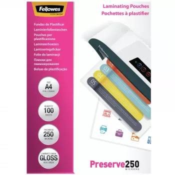 Fellowes A4 Błyszcząca Folia do laminowania 250 mikronów - 100 szt., Błyszcząca, Transparentna, A4, 0,25 mm, 210 mm, 1 mm