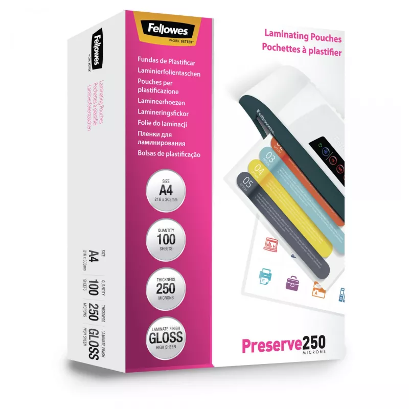 Fellowes A4 Błyszcząca Folia do laminowania 250 mikronów - 100 szt., Błyszcząca, Transparentna, A4, 0,25 mm, 210 mm, 1 mm