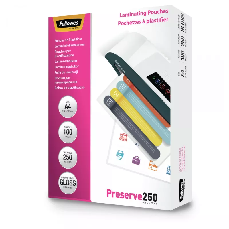 Fellowes A4 Błyszcząca Folia do laminowania 250 mikronów - 100 szt., Błyszcząca, Transparentna, A4, 0,25 mm, 210 mm, 1 mm