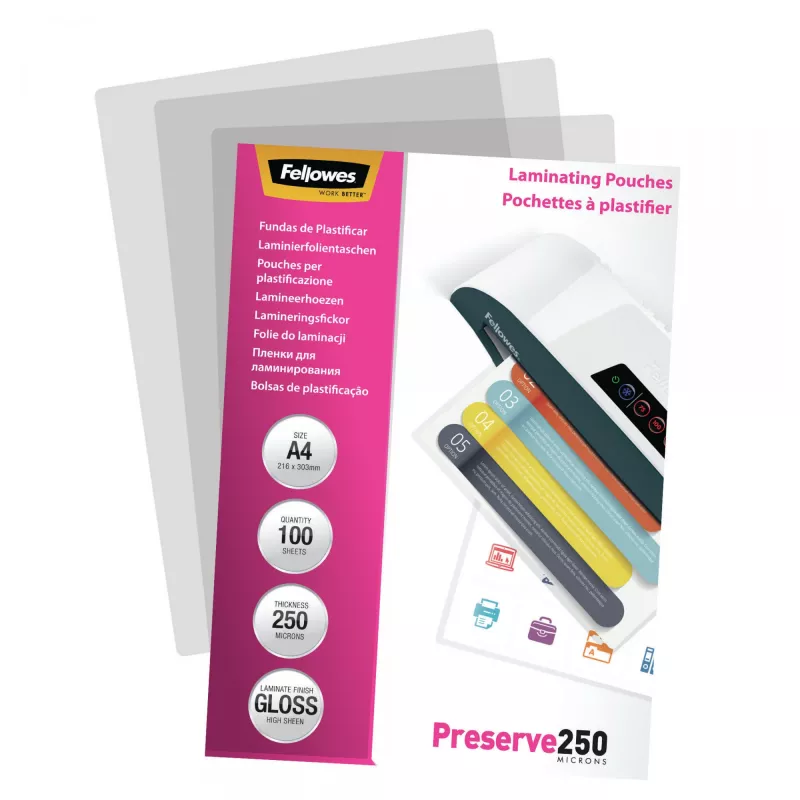 Fellowes A4 Błyszcząca Folia do laminowania 250 mikronów - 100 szt., Błyszcząca, Transparentna, A4, 0,25 mm, 210 mm, 1 mm
