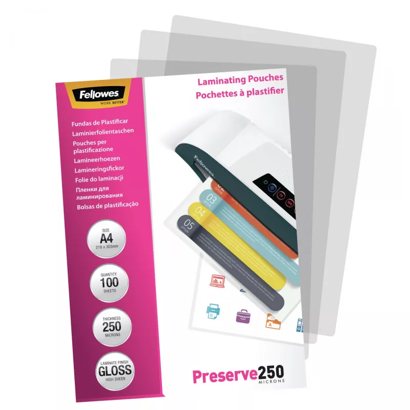 Fellowes A4 Błyszcząca Folia do laminowania 250 mikronów - 100 szt., Błyszcząca, Transparentna, A4, 0,25 mm, 210 mm, 1 mm