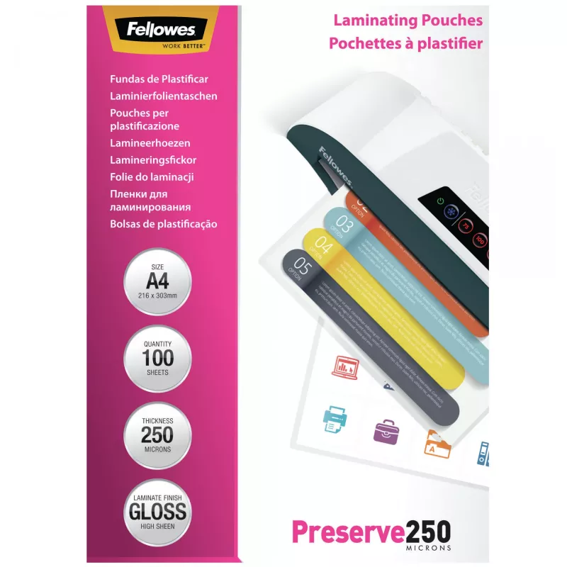 Fellowes A4 Błyszcząca Folia do laminowania 250 mikronów - 100 szt., Błyszcząca, Transparentna, A4, 0,25 mm, 210 mm, 1 mm