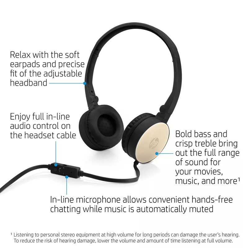 Zestaw słuchawkowy HP Stereo H2800 (czarny z jedwabistym złotem), Przewodowy, Rozmowy/Muzyka, 125 g, Zestaw słuchawkowy, Czarny, Złoty