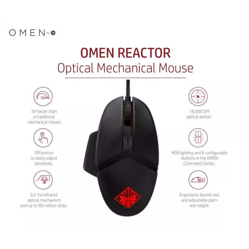 HP OMEN by Reactor mysz, praworęczna, optyczna, USB Type-A, 16000 DPI, 0,2 ms, czarna