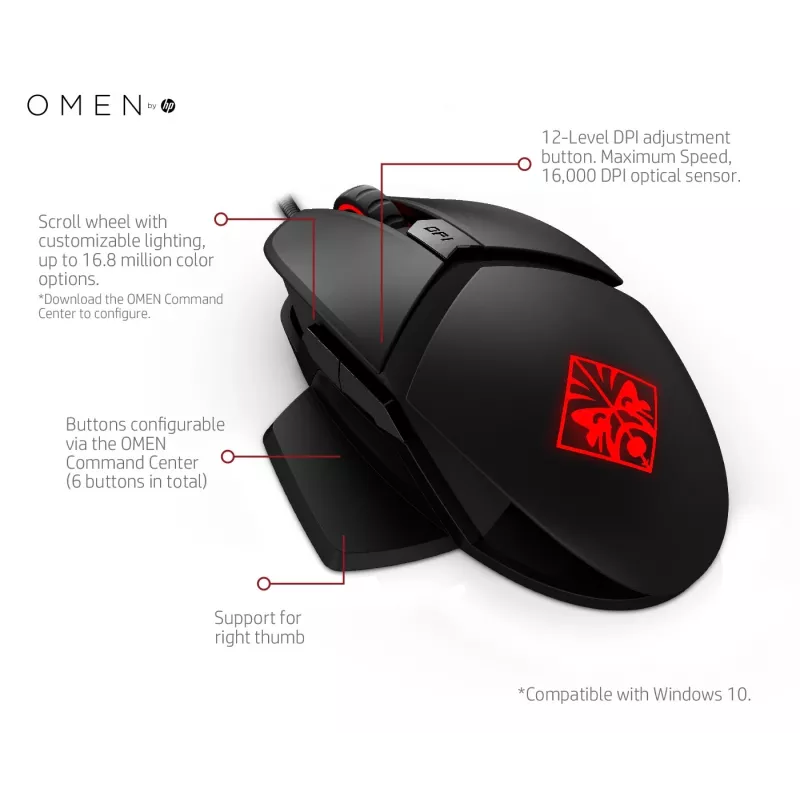 HP OMEN by Reactor mysz, praworęczna, optyczna, USB Type-A, 16000 DPI, 0,2 ms, czarna