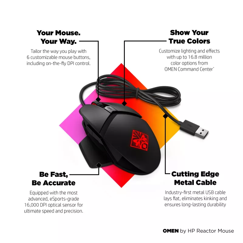 HP OMEN by Reactor mysz, praworęczna, optyczna, USB Type-A, 16000 DPI, 0,2 ms, czarna