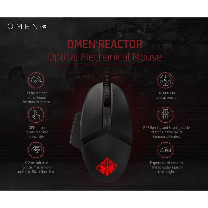 HP OMEN by Reactor mysz, praworęczna, optyczna, USB Type-A, 16000 DPI, 0,2 ms, czarna